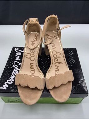 Sam Edelman Tan Suede Scalloped Ankle-Strap Block Heel Sandals, used with box